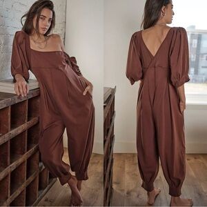 Free People Lotta Love Romper Pleated Jumpsuit Brown Butter